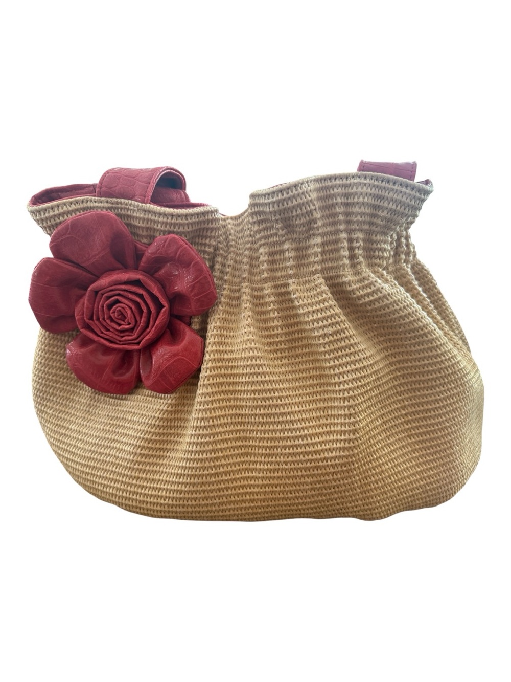 Vintage Bueno Y2K Woven Straw Gathered Hobo Bag Red Orange Faux Leather Rosette - Picture 7 of 8